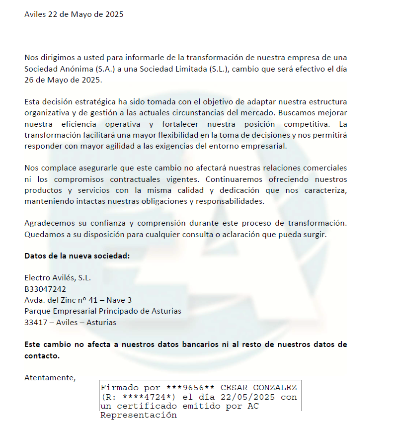 COMUNICADO DE CONVERSION SOCIETARIA